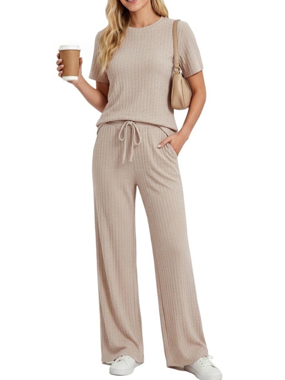 Lounge Sets for Women 2 Piece Ribbed Knit Pajama Set Casual Pj Set